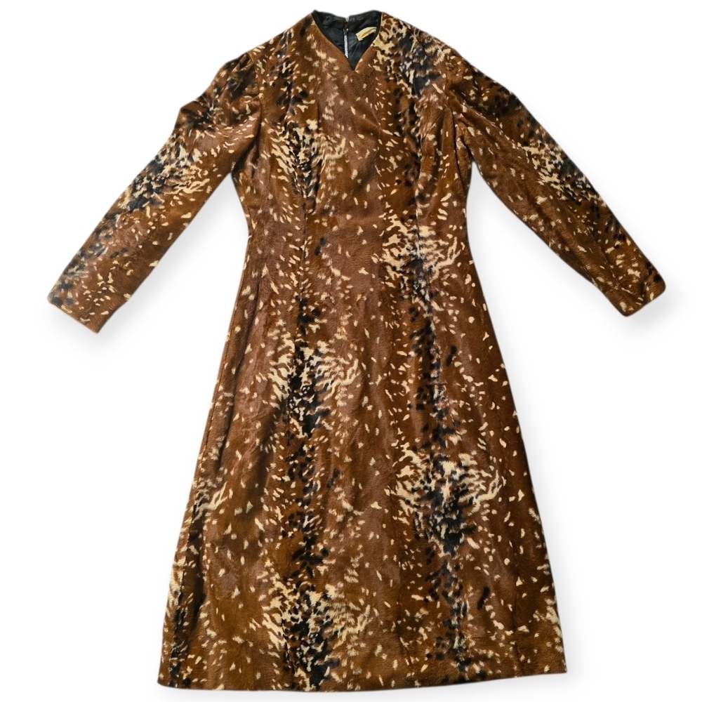 RARE 1960s Adele Simpson Designer Dress Faux Fur Deer Print - Picture 3 of 14